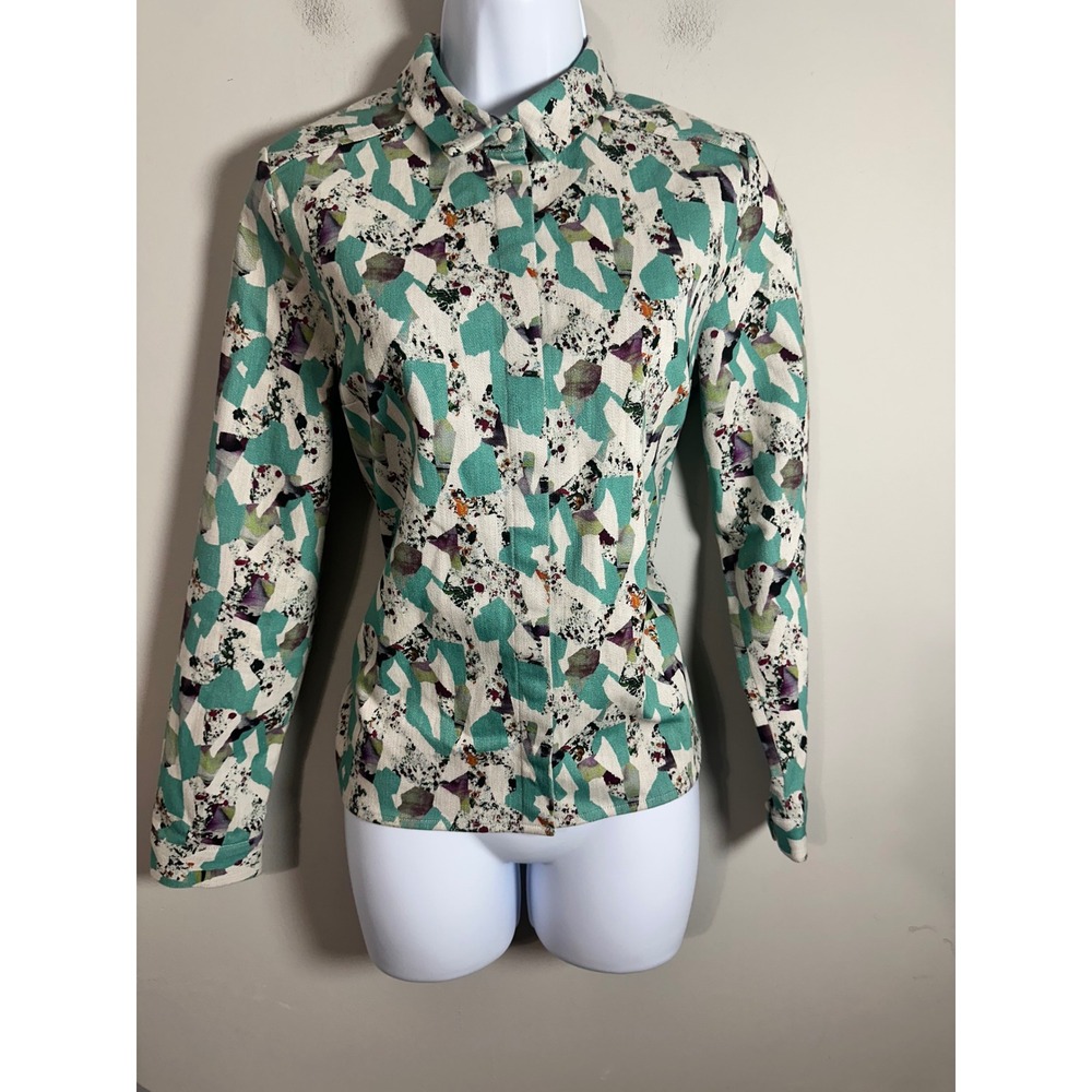 COS Women Abstract Geometric Print Cotton Stretch Button Down Shirt Teal Size 6
